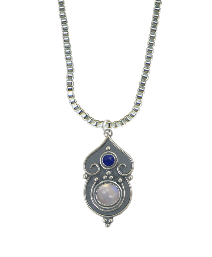 Sterling Silver Necklace Rainbow Moonstone And Lapis Lazuli
